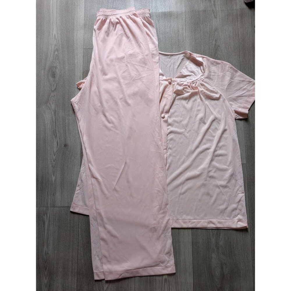 Vtg Vanity Fair Pink Nylon Pajama Set Size 38 Elastic Waist Pants